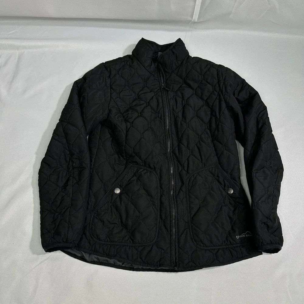 Eddie Bauer Quilted‎ Jacket Womens Medium Black Full Zip Diamond Puffer